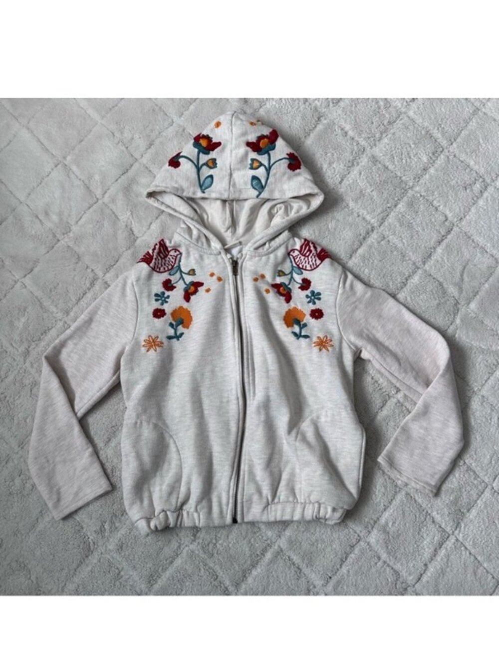 Zara Girls | Cream and Red Floral Embroidered Full Zip Hoodie | Size 13/14